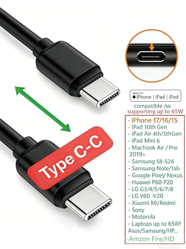 4-inch USB C-C Cables, 5 Pack, for iPhone17/16/15/iPad 10th Gen/iPad mini 6th, iPadAir 4th/5th, Galaxy S26/S25/S24/S23/S22/S21/S20/S10/S9/S8, Tablets, etc. (Black, 4-inch) - color: Black