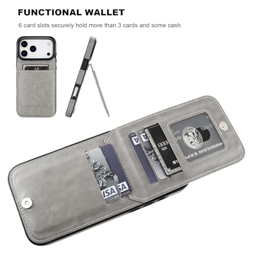 KIHUWEY for iPhone 17 Pro Max Wallet Case Card Holder Kickstand, Gray | Credit Card Slots, PU Leather, Magnetic Clasp, Flip Heavy Duty Protection Cover for Men - color: Gray