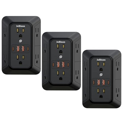 JcBlaon 3 Pack Outlet Extender Surge Protector, 6 Outlet Splitter with 4 USB Ports (2 USB C),1050J 3-Sided Multi Plug Wall Outlet, USB Wall Charger for Home Office Kitchen Travel（Black）-ETL - color: Black 3PCS