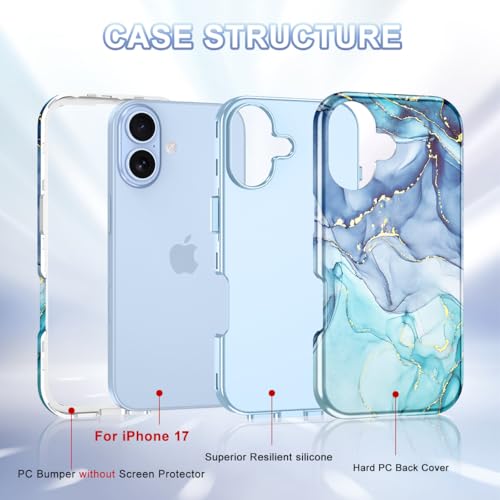 Btscase Compatible with iPhone 17 Case 6.3 Inch 2025,Marble Pattern 3 in 1 Heavy Duty Shockproof Full Body Rugged Hard PC+Soft Silicone Drop Protective Women Girl Phone Cases, Blue Cyan - color: Blue Cyan, size: iPhone 17