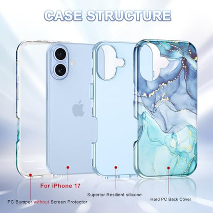 Btscase Compatible with iPhone 17 Case 6.3 Inch 2025,Marble Pattern 3 in 1 Heavy Duty Shockproof Full Body Rugged Hard PC+Soft Silicone Drop Protective Women Girl Phone Cases, Blue Cyan - color: Blue Cyan, size: iPhone 17