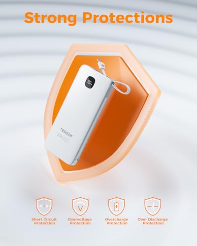 TESSAN Portable Charger with Built in Cables, 10000mAh Power Bank Wall Plug - color: White
