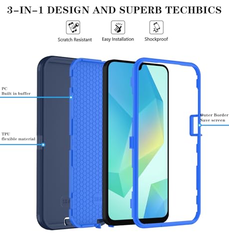 Qinmay Phone Case for Samsung Galaxy A17 5G Case, Galaxy A16 5G Case with HD Screen Protector, Heavy Duty Shockproof 3-Layer Cover Phone Case for Galaxy A17 / A16 ，DarkBlue - color: DarkBlue