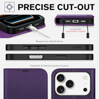 TUCCH Wallet Case for iPhone 17 Pro (6.3") 2025, 4 Card Holder, Deep Purple | RFID Blocking, Viewing Stand, Shockproof TPU Shell, PU Leather, Magnetic Closure, Protective Folio Flip Cover - color: Deep Purple