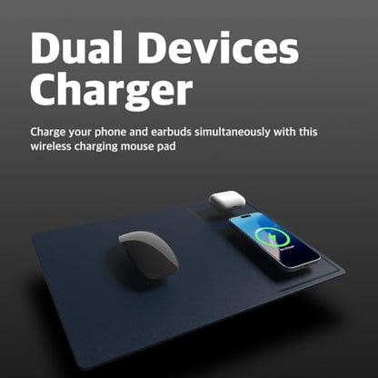 POUT H3 PRO Dual Qi Wireless Charging Mouse Pad – Dual Fast Wireless Chargers for Smartphones and Earbuds – Smooth Surface with Anti-Slip Base for Home and Office Use (Frost Blue)