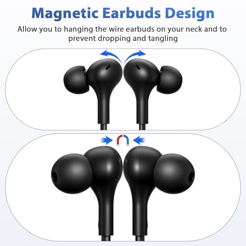 USB C Headphones with Case & Mic Wired Earbuds 90° Angled for Apple Android - color: Black