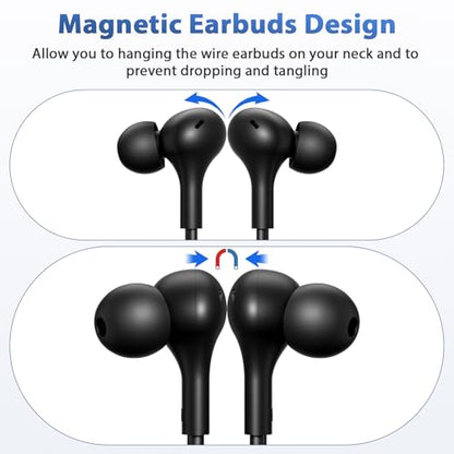 USB C Headphones with Case & Mic Wired Earbuds 90° Angled for Apple Android - color: Black