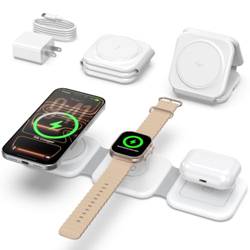 15W Magnetic Travel Charging Station, 3-in-1 Foldable MagSafe Charger - color: White