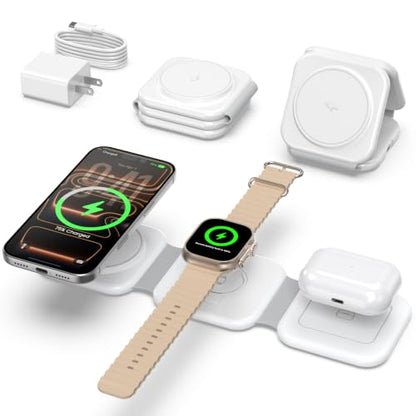 15W Magnetic Travel Charging Station, 3-in-1 Foldable MagSafe Charger - color: White