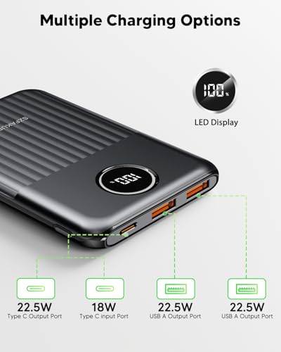 Portable Charger,Ultra Slim 10000mAh 22.5W Power Bank,USB C in/Output Fast Charging Mini Battery Pack Compatible with iPhone 17 16 15 14 Samsung S23 S22 S21 Google iPad etc (Black) - color: Black