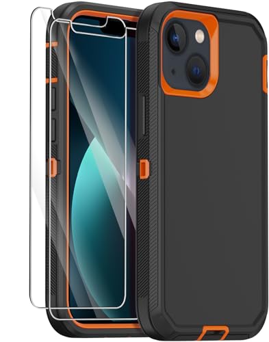 for iPhone 13 Case with 2 Screen Protector,Shockproof Drop Protection Full Body Heavy Duty 3 Layer Military Rugged Durable Phone Cover for Apple iPhone 13 6.1" (Black Orange) - color: Black Orange