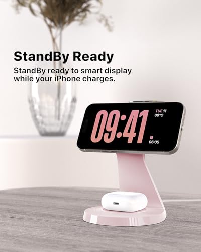 3 in 1 Charging Station for Apple Devices, Mag-Safe Charger Stand Fast Charging, Wireless Charger for iPhone 16/15/14/13/12 Series, & AirPods, & iWatch (USB-C Charger Included) - color: Pink