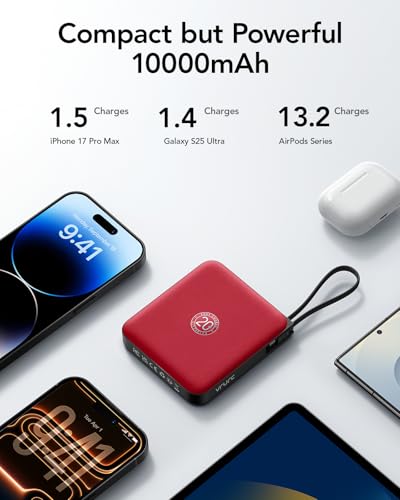 VRURC 10000mAh Portable Charger Power Bank Built-in Cables - color: Red
