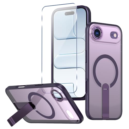 Magnetic for 17 iPhone Air Stand Case with Screen Protector, [Full Camera Protection] (Compatible with MagSafe) Military Grade Drop Protection, Translucent Matte Bumper Cover Case, Purple - color: IP 17 Air Purple