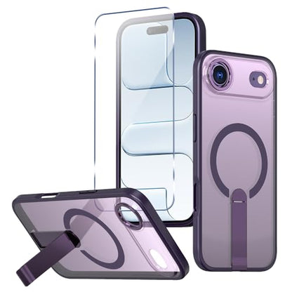 Magnetic for 17 iPhone Air Stand Case with Screen Protector, [Full Camera Protection] (Compatible with MagSafe) Military Grade Drop Protection, Translucent Matte Bumper Cover Case, Purple - color: IP 17 Air Purple