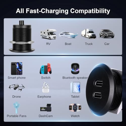 Acegoo 12V USB Outlet, 24W Dual USB-C All-Aluminum Car Charger - color: Dual PD3.0-2Pcs