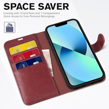 TUCCH Case Wallet for iPhone 13 (6.1") 2021, RFID Blocking Folio, Dark Red | 3 Card Holders, Kickstand, PU Leather, Magnetic Closure, Shockproof TPU Shell, Protective Flip Cover - color: Dark Red