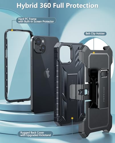 FNTCASE for iPhone 15 Plus Case with Belt Clip, Rugged Kickstand | Built-in Screen Protector, Military-Grade Drop Protection, Heavy Duty Shockproof Holster Protective Cover - color: T-Black