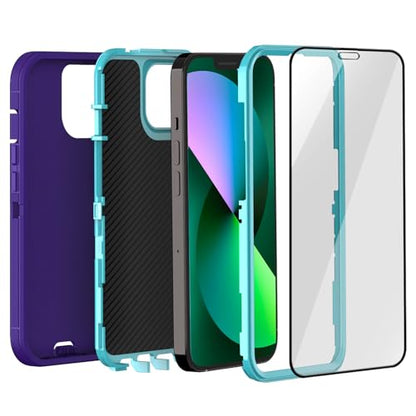 iPhone 13& iPhone 14 Heavy-Duty Case, Military-Grade Shockproof Protection, Includes 2 Tempered Glass Screen Protectors - Purple Blue - color: Purple Blue