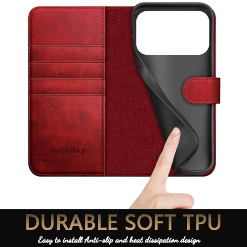 DuckSky Compatible with iPhone 17 Pro Max 6.9" Genuine Leather Wallet case【RFID Blocking】【4 Credit Card Holder】【Real Leather】 Flip Phone case Cover Women Men for Apple 17 Pro Max case Red - color: Red