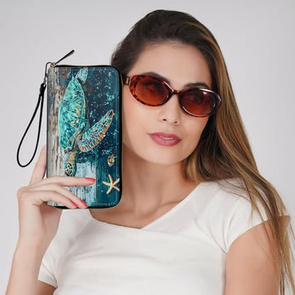 Ladies Wallet,Clutch Purses for Women Wallets Leather Credit Card Holder for Women Wristlet Slim Small Cute with Zipper,Thin RFID Blocking with Wrist Strap,Wood Sea Turtle - color: Wood Sea Turtle