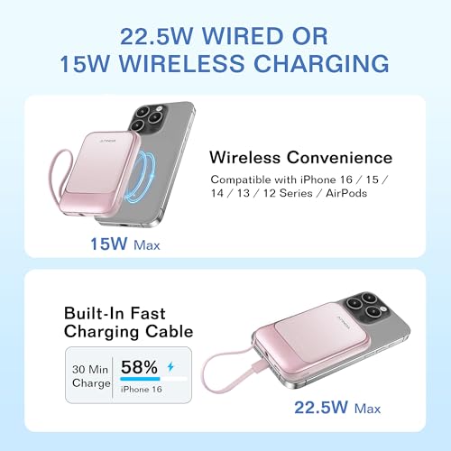 Magnetic Power Bank 10000mAh, Wireless Portable Charger with 15W Max Fast Charging & Built-in USB-C Cable, 22.5W PD LED Display Battery Pack Compatible with iPhone 17/16/15, Samsung Galaxy(pink) - color: Pink
