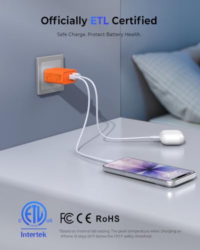 3 Pack USB C Wall Charger, 20W Durable Dual Port QC+PD 3.0 Power Adapter, Double Fast Plug Charging Block for Phone 14/15/16/17 Pro/Pro Max/Plus, XS/XR/X, Watch Series 8/7 Cube - color: Tangerine Red