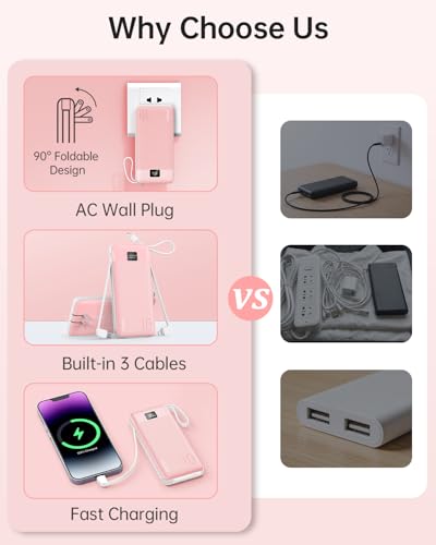 Portable Charger 10000mAh Power Bank w/Built-in 3 Cables & AC Wall Plug - color: Pink