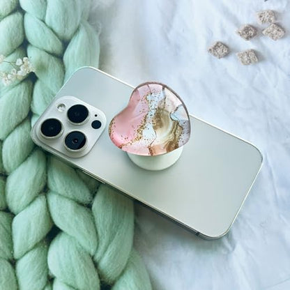 Expandiing Moblile Cell Phone Grip Heart Shape Glass Holder for Smartphones, Cellphone Collapsible Stand（Pink Gold Marble