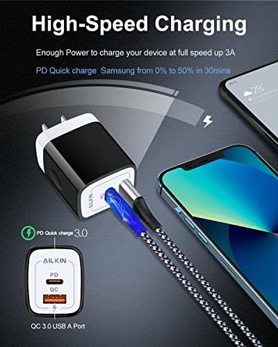 3Pack Dual Port USB-C Wall Plug-in USBC Charger, AILKIN 20W Power Delivery - color: Black-White