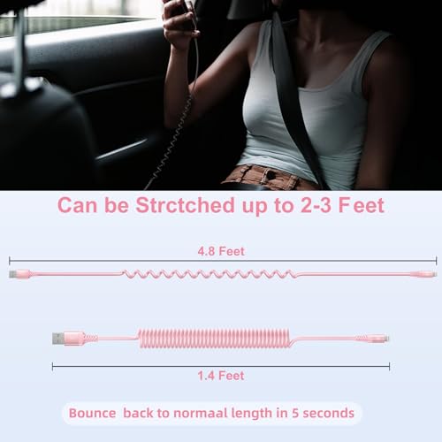 iPhone Charger Cable for Car 3FT, 2Pack Coiled Coiled Lightning Cable - color: Pink, size: 3FT, style: USB A to Lightning