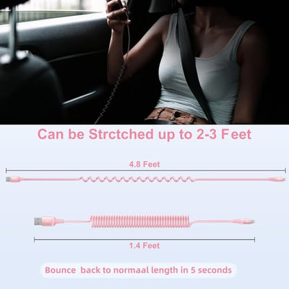 iPhone Charger Cable for Car 3FT, 2Pack Coiled Coiled Lightning Cable - color: Pink, size: 3FT, style: USB A to Lightning