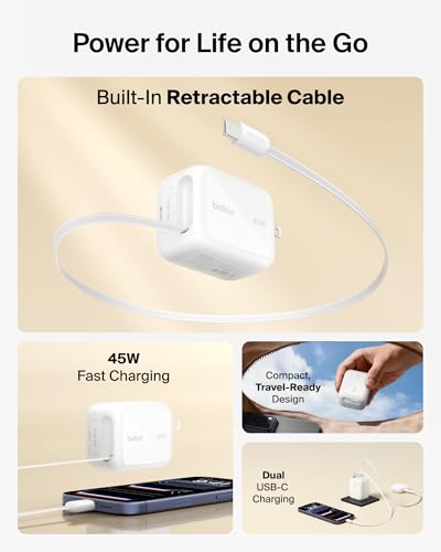 Belkin 45W GaN USB C Retractable Charger Block Fast Charging for Travel - color: White, style: 45W