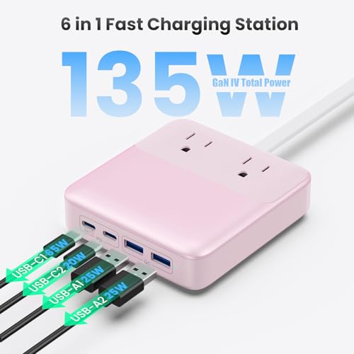 135W Charging Station USB C Power Strip,6-in-1 GaN USB C Charger Block with Plug &5ft Cord,2 AC,2 USB-A,2 USB-C,PD 65W Laptop Charger for MacBook,iPhone 16/15/14,Desktop Fast Charging for Home,Office