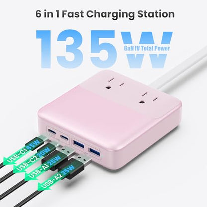 135W Charging Station USB C Power Strip,6-in-1 GaN USB C Charger Block with Plug &5ft Cord,2 AC,2 USB-A,2 USB-C,PD 65W Laptop Charger for MacBook,iPhone 16/15/14,Desktop Fast Charging for Home,Office
