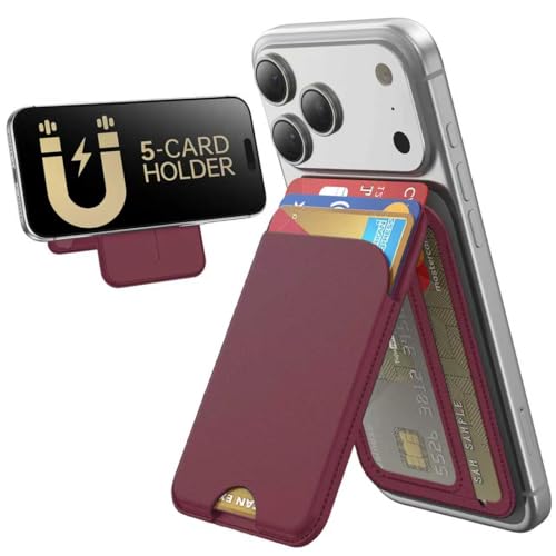 TWZKG for MagSafe Wallet, 5 Cards Holder with Stand, Magnetic Phone Wallet Stand for iPhone 17/16/15/14/13/12 Pro Max Air Plus Series, RFID Blocking Vegan Leather,Wine Red - color: Wine Red