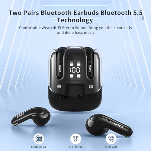 2 Pairs Wireless Earbuds Bluetooth 5.5 ,Dual Pair Wireless Ear Buds Headphones with Noise Cancelling, LED Display Power in Ear Earphones Waterproof 120H Playtime for Laptop Pad Phones (Black) - color: Black