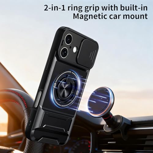 Dssairo for iPhone 16 case with 360°Rotation Magnetic Ring Compatible with MagSafe Slide Camera Cover Foldable Stand Military-Grade Shockproof Protective case (Black, iPhone 16) - color: Black, size: iPhone 16