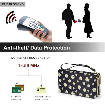 RFID Blocking Cellphone Wallet for Women with Wrist Strap, Double Zipper Travel Clutch Purse Large Capacity, Daisy - color: Black Daisy