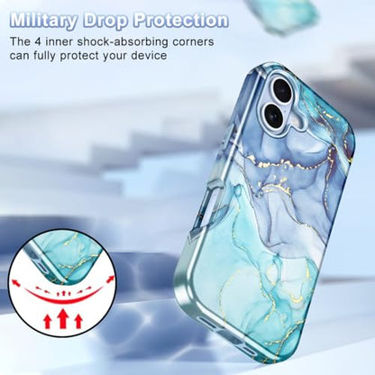 Btscase Compatible with iPhone 17 Case 6.3 Inch 2025,Marble Pattern 3 in 1 Heavy Duty Shockproof Full Body Rugged Hard PC+Soft Silicone Drop Protective Women Girl Phone Cases, Blue Cyan - color: Blue Cyan, size: iPhone 17