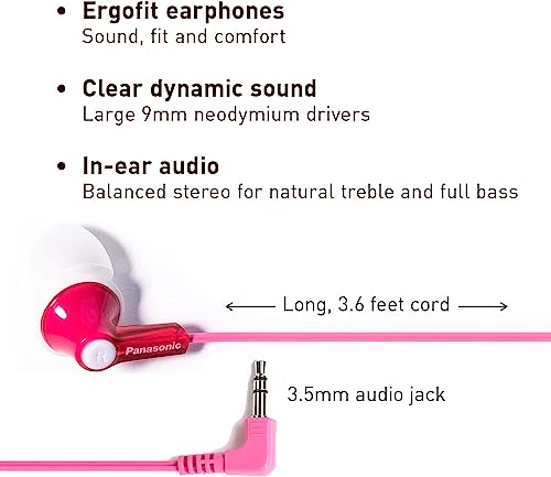 Panasonic ErgoFit Wired Earbuds, In-Ear Headphones With Dynamic Crystal-Clear Sound And Ergonomic Custom-Fit Earpieces (S/M/L), 3.5mm Jack For Phones And Laptops, No Mic - RP-HJE120-P (Pink) - color: Pink, size: S/M/L, style: No Mic