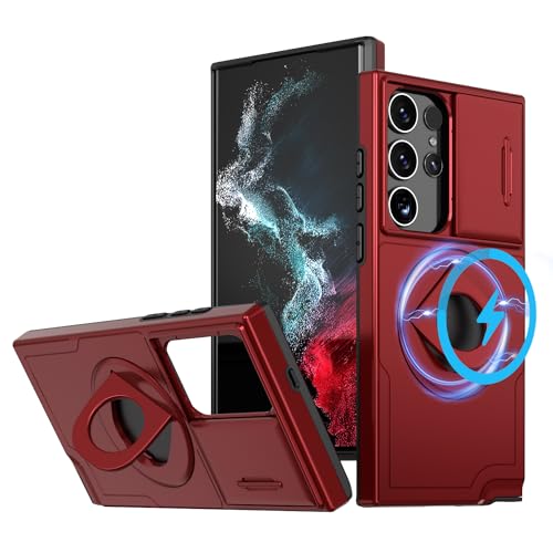 ANNGELAS for Samsung Galaxy S23 Ultra Mag Safe Kickstand Case with Slide Camera Cover,Slim Shockproof Military Heavy Duty Anti Drop Full Body Protection,360 Rotating Stand Magnetic Phone Case(Red) - color: Magnetic Stand Red