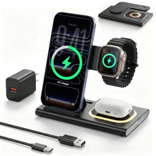 3 in 1 Foldable Charging Station for Apple Wireless Charger - color: Black
