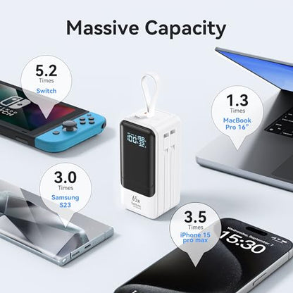 Selore&S-Global 65W Power Bank for Laptop, 18400mAh Fast Charging Portable Charger, Battery Pack with Dual Built-in USB-C & Lightning Cables, LCD Display Travel Chargers for MacBook/Dell XPS