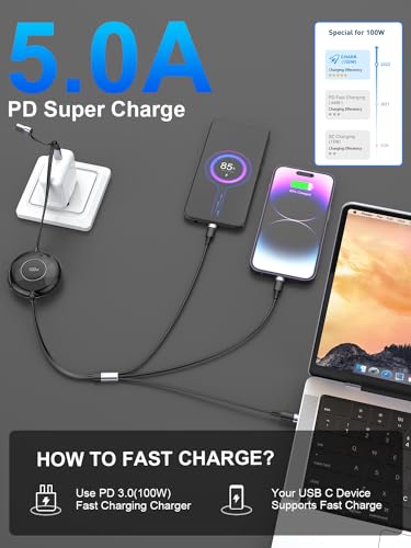 4FT Multi Charging Cable 100W Retractable USB C Multiple Charging Cable iPhone Fast Charging Cord 3-in-1 Multi Charger Adapter for iPhone 14 15 13 ipad,Pixel,Samsung Universal Cable Travel Essentials