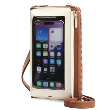 GOIACII Phone Purse Crossbody Bags for Women Small Travel Wallet Touch Screen RFID Blocking - color: A06 White and Brown