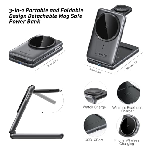 Upgraded 3-in-1 Magnetic Wireless Charger, Foldable Charging Station, Electromagnetic Induction Base,Compatible with MagSafe,Compatible with iPhone 12-17 Series, Apple Watch, and AirPods