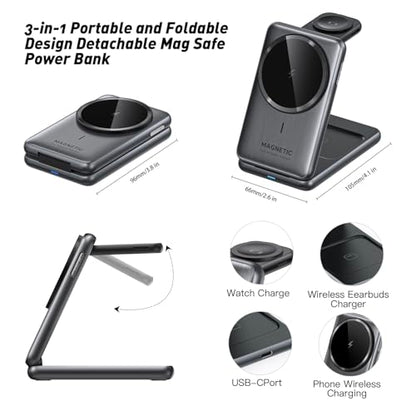 Upgraded 3-in-1 Magnetic Wireless Charger, Foldable Charging Station, Electromagnetic Induction Base,Compatible with MagSafe,Compatible with iPhone 12-17 Series, Apple Watch, and AirPods