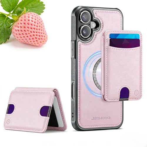 WJX for iPhone 16 MagSafe Wallet Case, 2-in-1 Detachable Luxury Card Holder, Universal MagSafe Compatible, RFID Blocking, Shockproof Kickstand Slim Cover， Strawberry Pink - color: Strawberry Pink, size: iPone 16