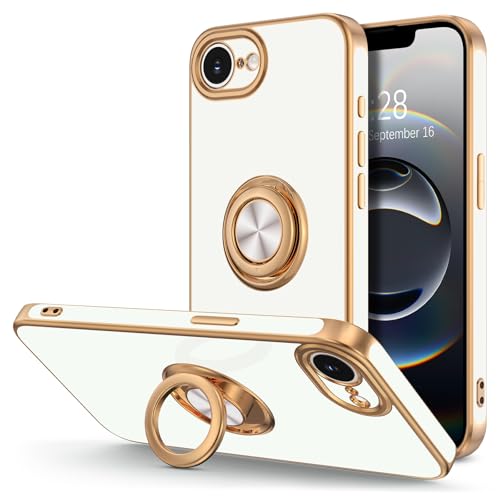 Hython for iPhone 16e Case with Ring Stand, 360° Rotatable Ring Holder Magnetic Kickstand, Plating Rose Gold Edge Soft Cover Protective Phone Case for iPhone 16e 6.1", White - color: White, size: Iphone 16e - 6.1 Inch